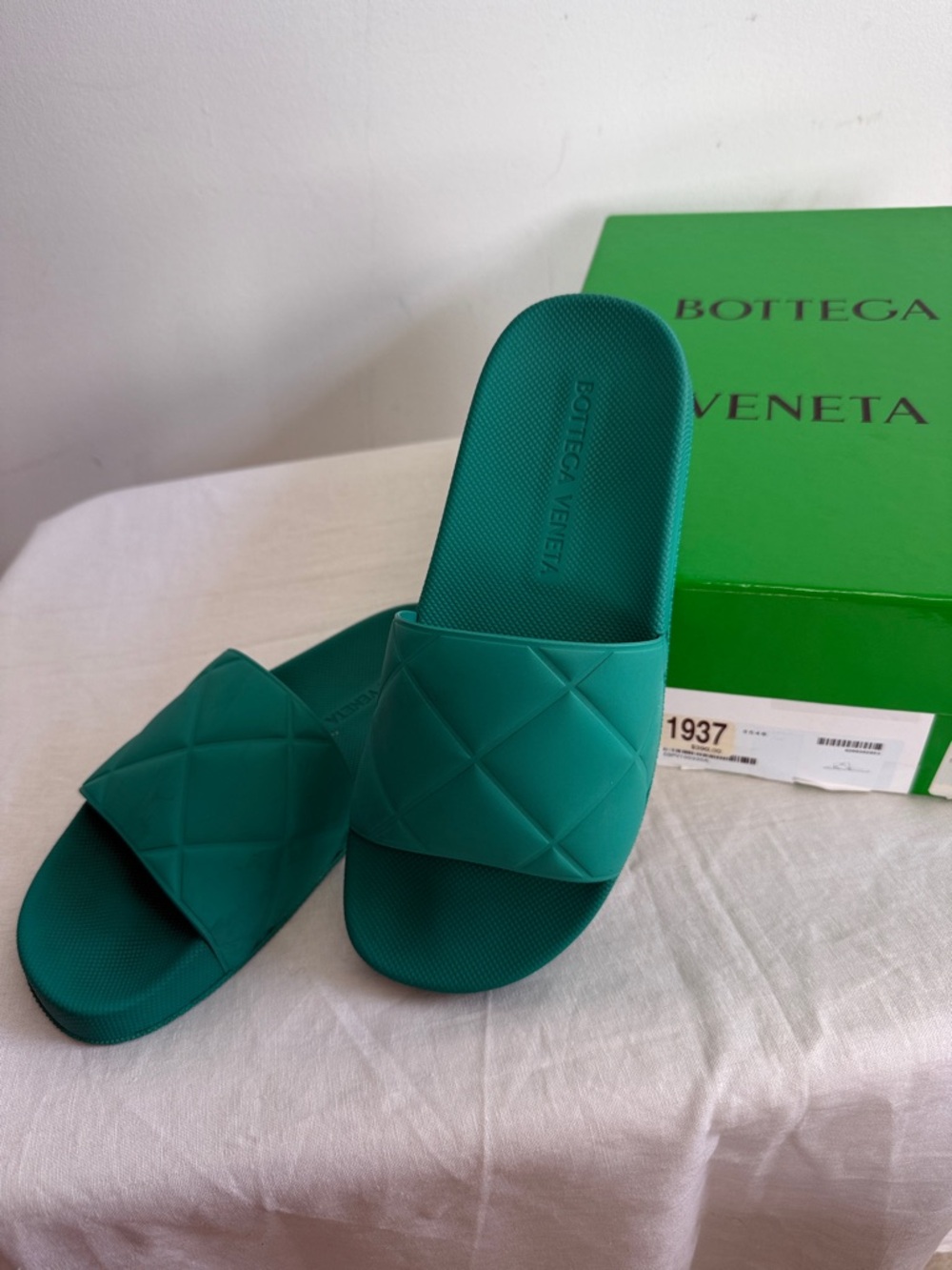 Bottega Veneta Neptun Quilted Slide Sandals in Teal Green